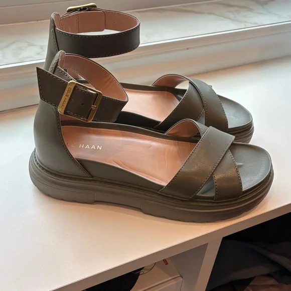 Cole Haan Tea Leaf Green Leather Platform Ankle-Strap Sandals - Picture 2 of 10